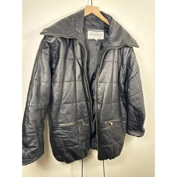 WINLIT Vintage Quilted Genuine Leather Puffer Jacket - Black, Large - Picture 8 of 8